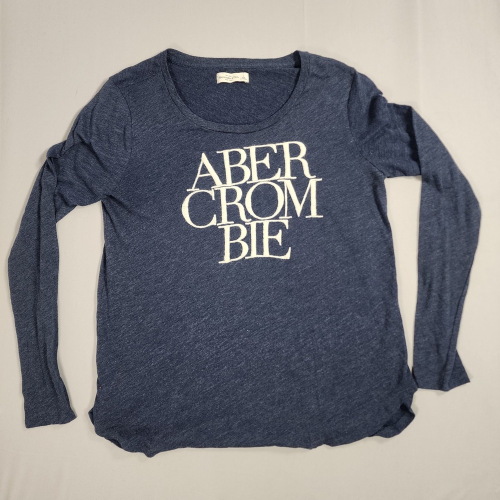 Abercrombie & Fitch Womens Navy Blue Heathered Long Sleeve Graphic Logo Tee L